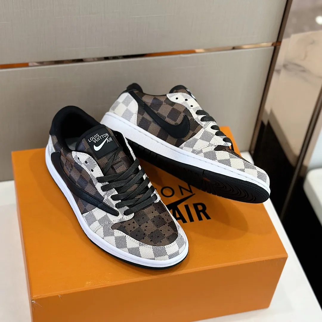 Men's shoes 💰p440 "*OUIS *UITTO* Nike" new original drawer box, co-branded low-top casual sneakers, this sneaker is completely made of denim canvas splicing leather, decorated with Louis Vuitton's iconic monogram and Damierl pattern with natural cowhide piping. The upper of this shoe combines LV’s most classic Monogram and Damier elements, giving it a sense of luxury and recognition! Size: 38-45